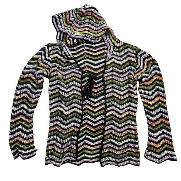 VTG Y2K Open Cardigan Knit Sweater Hooded Rainbow Zigzag Chevron Unbranded Small - Picture 1 of 6